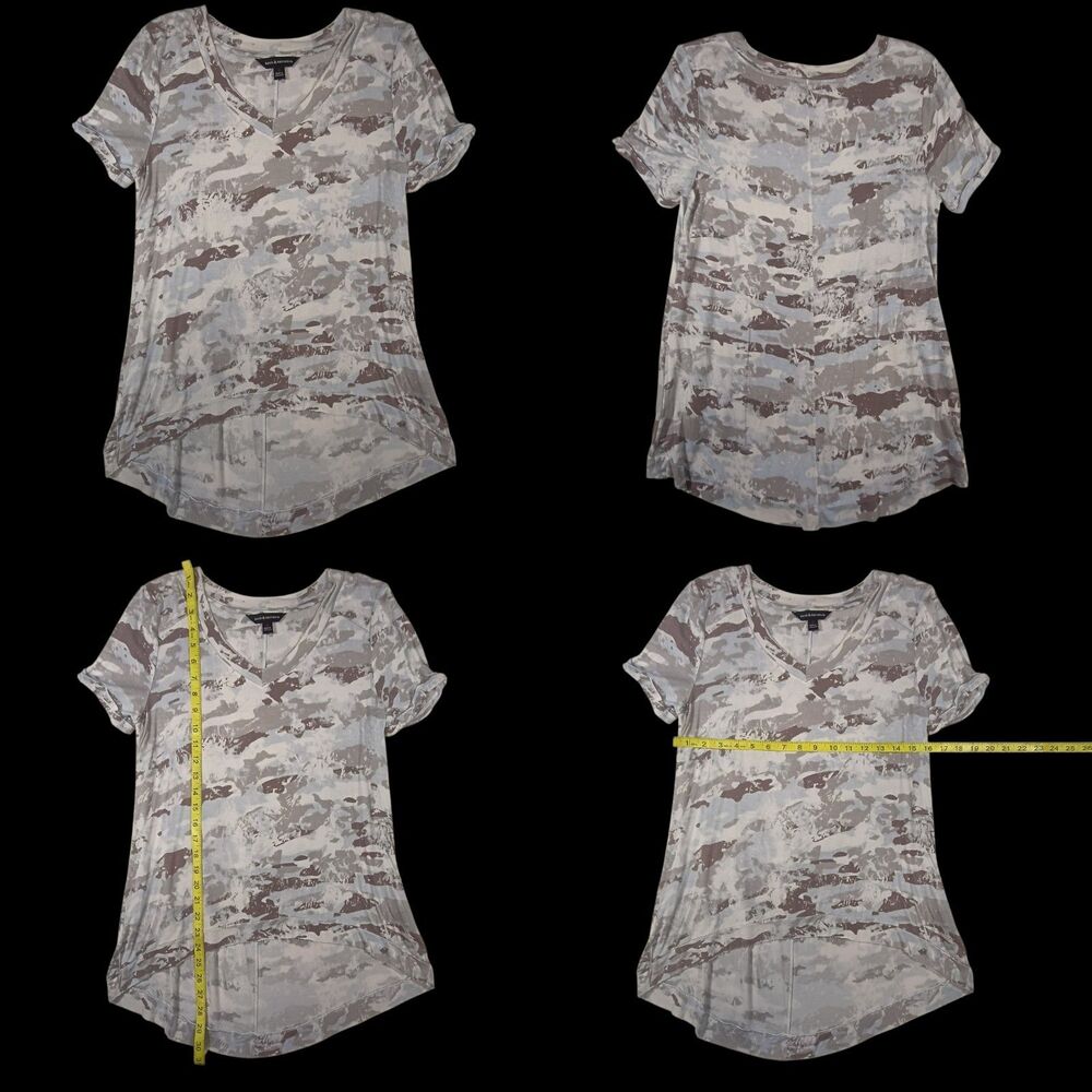 Rock & Republic Womans T-Shirt Size Med Brown White And Gray Camo High Low Hem